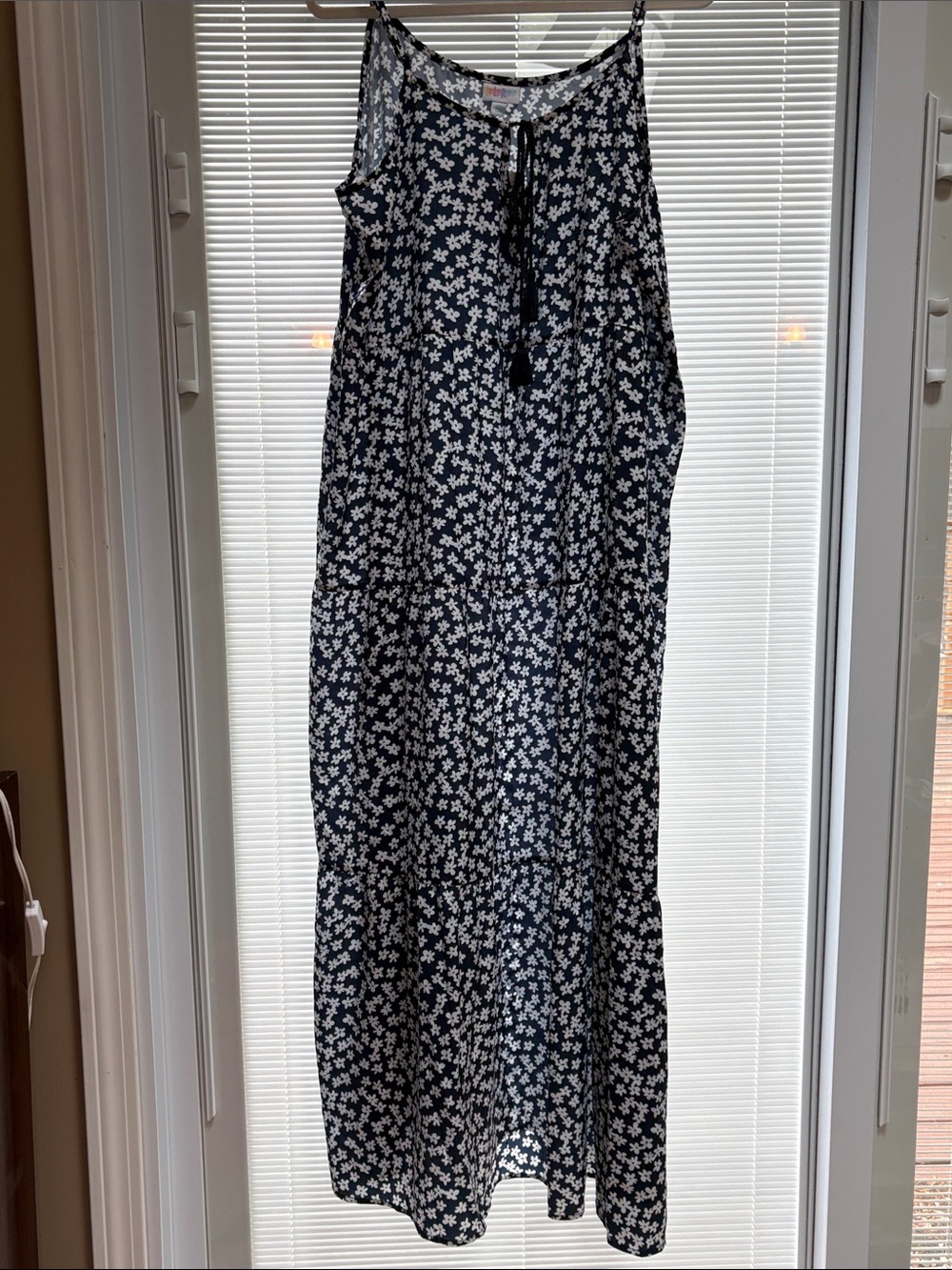 LuLaRoe Navy and White Floral Carina Maxi Dress with Tassel Ties